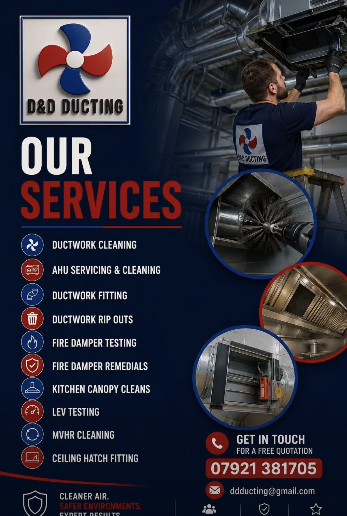 D&D Ducting services artwork showing commercial ventilation cleaning and installation