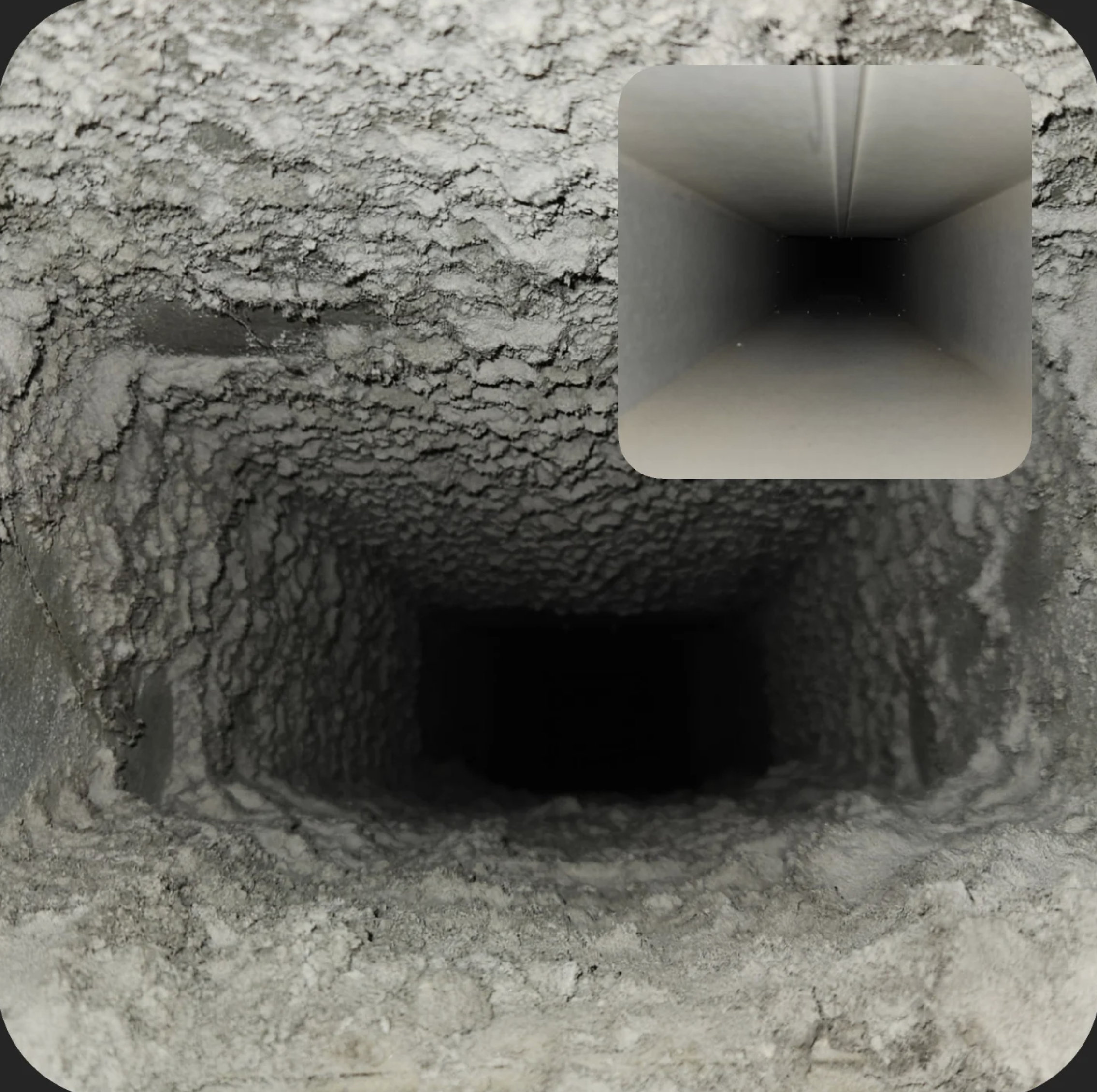 View inside a commercial duct showing accumulated debris and a clean access opening